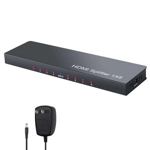 LiNKFOR 1x8 HDMI Powered Splitter with Power Adapter 8 Ports HDMI Splitter Ultra 4K @ 30 Hz Support 3D Full HD 1080P (1 in 8 Out)