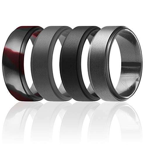 ROQ Silicone Rubber Wedding Ring for Men, Comfort Fit, Men's Wedding Band, Breathable Rubber Engagement Band, 8mm Wide 2mm Thick, Step Edge, 4 Pack, Black, Grey, Dark Silver, Bordeaux Camo, Size 14
