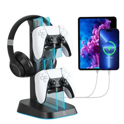 SALYMECONY Headphone Stand, Controller Holder & Headset Holder for Desk, Gaming Controller Holder with 6 RGB Lights - Display Stand, for Controllers of Xbox, PlayStation, Nintendo Switch, and More