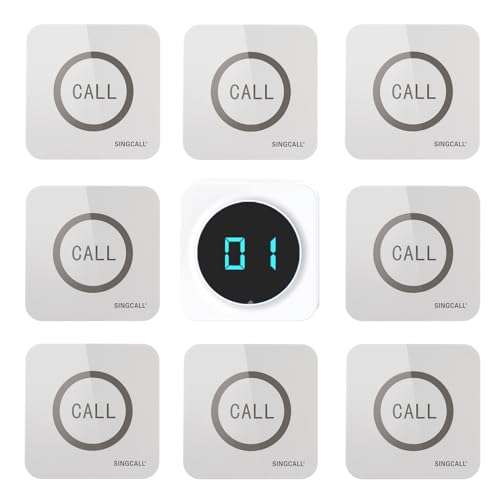 SINGCALL Restaurant Pager System Waiter Calling System Pagers and Beepers for Kitchen,Fast Food,Hotel,Restaurants,Cafe,Bar to Call Waiters 8 Waterproof Wireless Call Buttons 1 Number Display Receiver