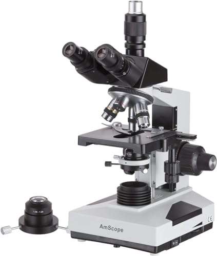 AmScope T490B-DK Compound Trinocular Microscope, WF10x and WF20x Eyepieces, 40X-2000X Magnification, Brightfield/Darkfield, Halogen Illumination, Abbe Condenser, Double-Layer Mechanical Stage, Sliding Head, High-Resolution Optics