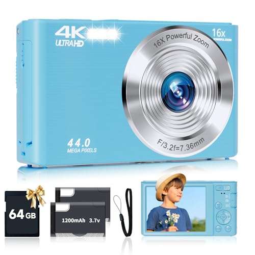 SMARTKLIK Digital Camera for Teens, FHD 4K 44MP with 64GB SD Card, 16X Digital Zoom, Compact Point Shoot Camera Blue