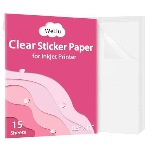 WeLiu Printable Transparent Sticker Paper - 8.5" X 11" Blank Custom Label Sticker Sheets - 15 Clear Sheets - for Inkjet Printers