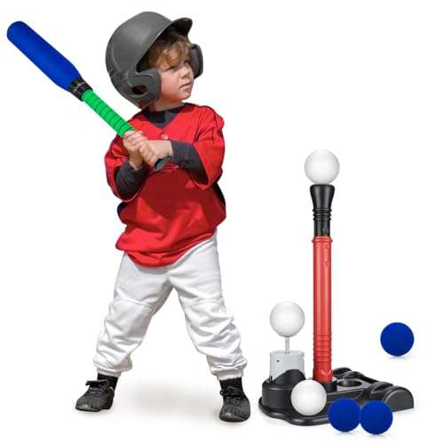 CeleMoon Adjustable Tee Kids T Ball Set Baseball Softball Bat Batting Toy, 8 Balls Included, for Toddler Boys Girls Age 3 4 5 6 Indoor Outdoor Sport Playing Game