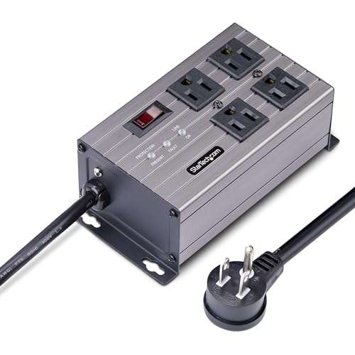 StarTech.com 4-Outlet Industrial Power Strip 125V/15A, EMI/RFI Isolation, Mountable PDU, 8ft/2.4m Power Cord, NEMA 5-15P/R, TAA