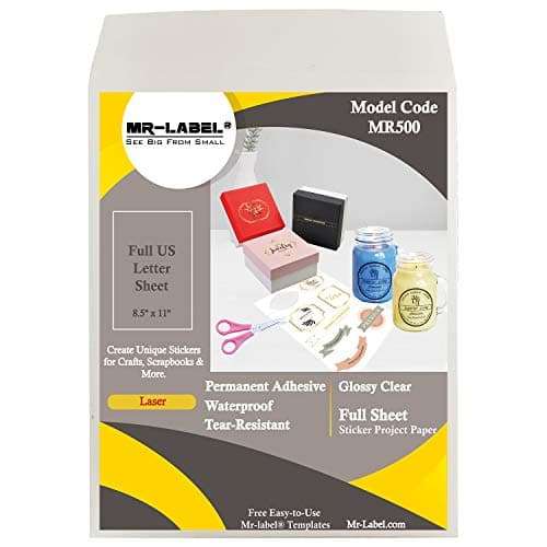 MR-Label Crystal Glossy Clear Multipurpose Labels - Waterproof & Tear-Resistant - Printable Sticker Paper for Holiday Crafts - for Laser Printer Only - 8.5" x 11" Full Sheet Labels - 10 Labels