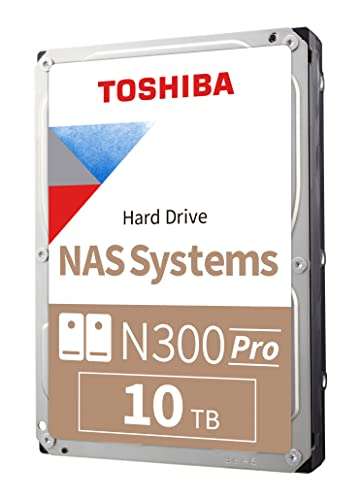 Toshiba N300 PRO 10TB Large-Sized Business NAS (up to 24 bays) 3.5-Inch Internal Hard Drive - Up to 300 TB/year Workload Rate CMR SATA 6 GB/s 7200 RPM 512 MB Cache - HDWG51AXZSTB