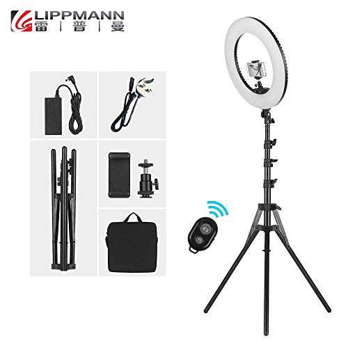 18 Inch Dimmable SMD LED Ring Light Kit 48W Stepless Brightess Adjustment 3200K-5600K Lighting Ringlight with Tripod Stand Carrying Bag Cell Phone Holder Hot Shoe Adapter