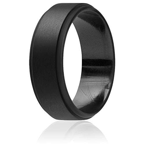 ROQ Silicone Rubber Wedding Ring for Men, Comfort Fit, Men's Wedding Band, Breathable Rubber Engagement Band, 8mm Wide 2mm Thick, Step Edge, Single, Black, Size 11