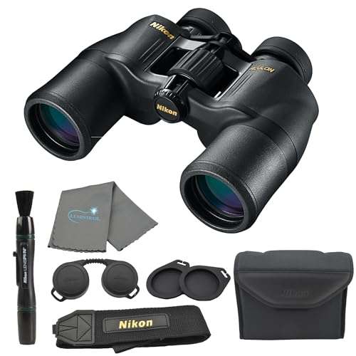 Nikon Aculon A211 10x42 Binoculars (8246) Black Bundle with Nikon Lens Pen, Carry Case, Neck Strap, and Lens Cloth - High Powered Binoculars for Adults - Bird Watching, Hunting and Travel Zoom