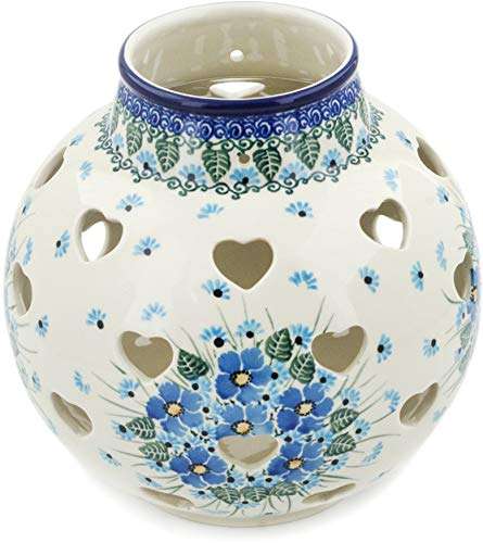 Polish Pottery 7-inch Votive Candle Holder Made by Ceramika Artystyczna (Forget Me Not Theme) + Certificate of Authenticity