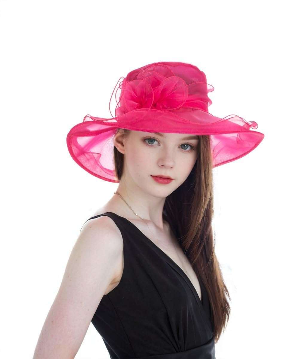 SHUERIET Women's Organza Hat Wide Brim Adjustable Derby Church Sun Hats Dress Bridal Shower Floral Hair Accessory Gift Box