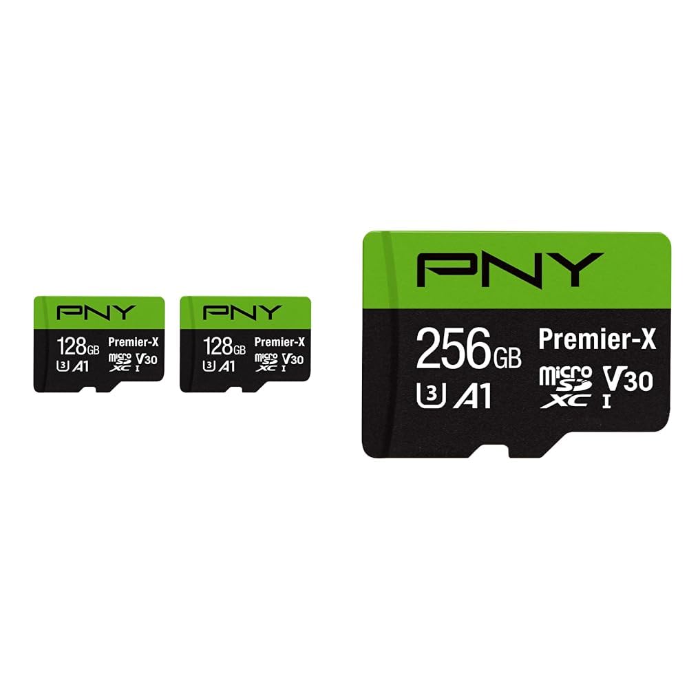 PNY 128GB Premier microSDXC Class 10 U3 V30 A1 Memory Card 2-Pack - 100MB/s, 4K UHD, Full HD, UHS-I & PNY 256GB Premier-X Class 10 U3 V30 microSDXC Flash Memory Card - 100MB/s, 10, U3, V30, A1, 4K UHD