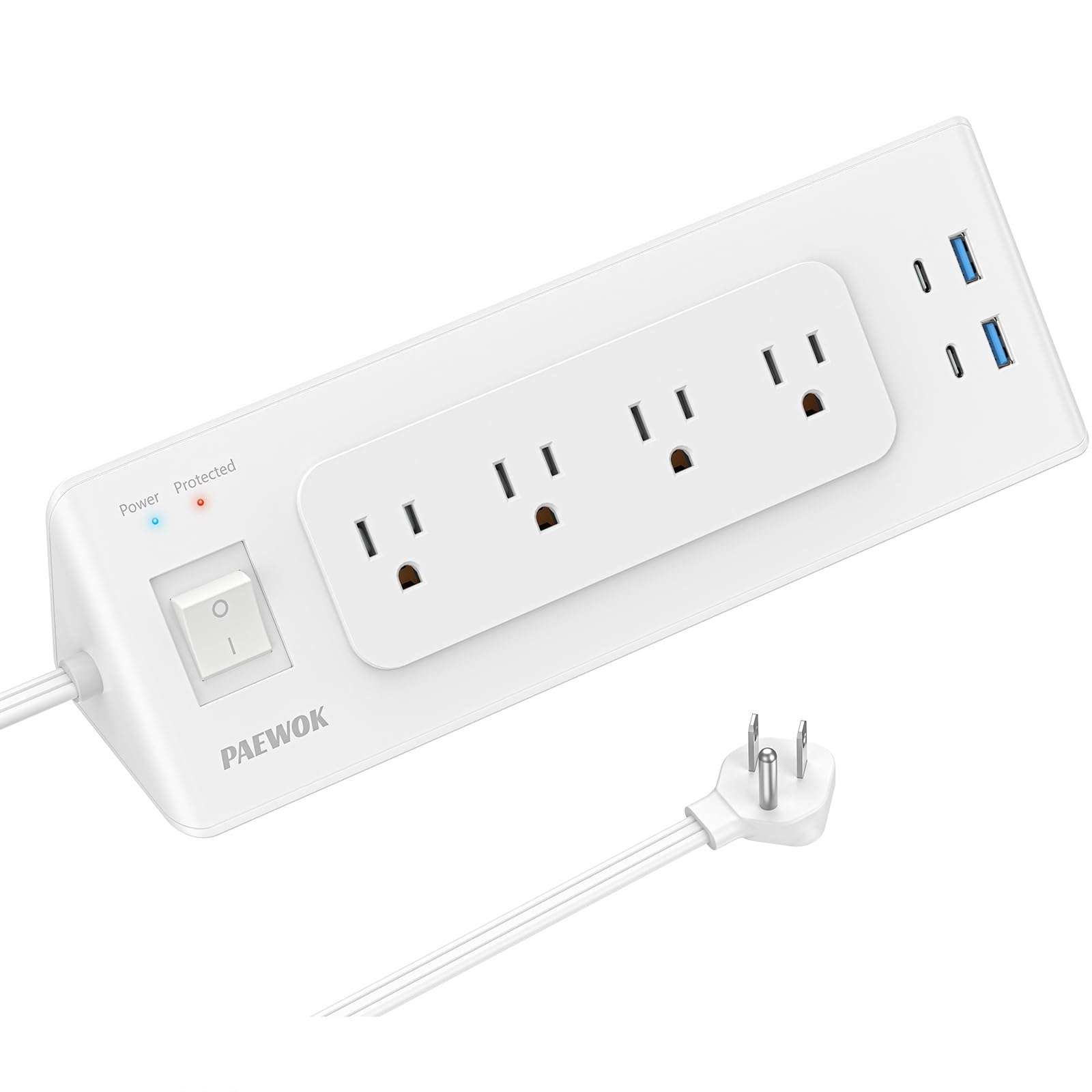 Electrical Outlet Extender with USB C, Flat Wall Plug Extension Cord with 4 Sockets, Surge Protector Power Strip 15 Amps/1200 Joules, 6.5 Ft Multi-Plug Extension Cable for Home Office Dorm, White