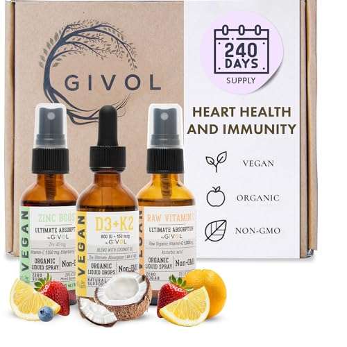 GIVOL Immunity Support Pack - Raw Vitamin C, D3 & K2 Liquid, Zinc Picolinate - Premium Heart Health Vitamins w/Essential Minerals, Antioxidant Properties, & Cardiovascular Benefits - 180 Days Supply
