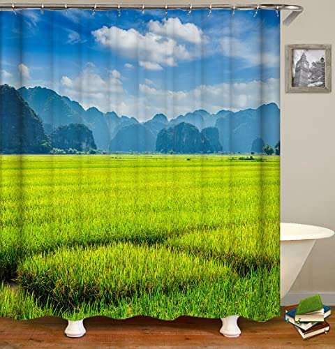 ahbreton Shower Curtains Fabric, Green Rice Plants Farmland Mountain Bumper Natural, Decorative Cloth Print Design Polyester, Bathroom Curtains Set with 12 Hooks(72x72 Inch)(WJ1022)