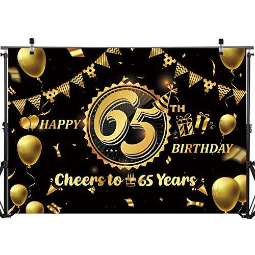 Happy 65th Birthday Backdrop for Men Women | 65 Birthday Backdrop Background Banner 65th Anniversary Backdrop | Happy 65th Birthday Photo Backdrop Banner Wall Decorations Black and Gold 71 x 49 inch…