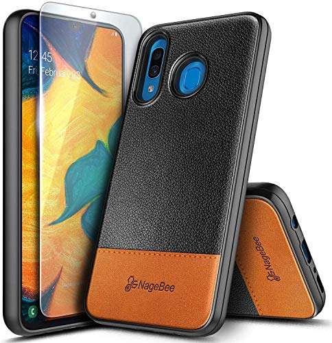 E-Began Case Compatible for Samsung Galaxy A20/A30 (6.4", 2019) with Tempered Glass Screen Protector, Premium Cowhide Leather Hybrid Defender Shockproof Rugged Cover Case -Brown