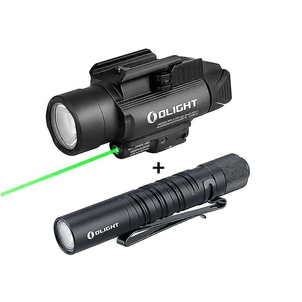 OLIGHT Baldr Pro 1350 Lumens Tactical Weaponlight with Green Beam, Bundled with I3T EOS 180 Lumens Dual-Output Slim EDC Flashlight for Camping and Hiking