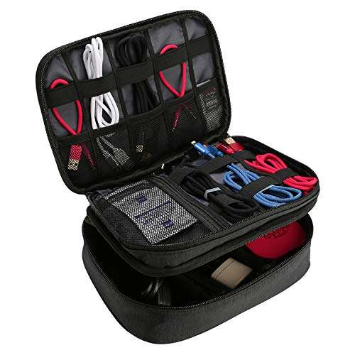 ProCase Electronics Travel Organizer Storage Bag, Double Layer Universal Traveling Gear Accessories Carrying Cover Pouch for iPad Mini Cables Phone Chargers Adapter Flash Hard Drive and More –Black