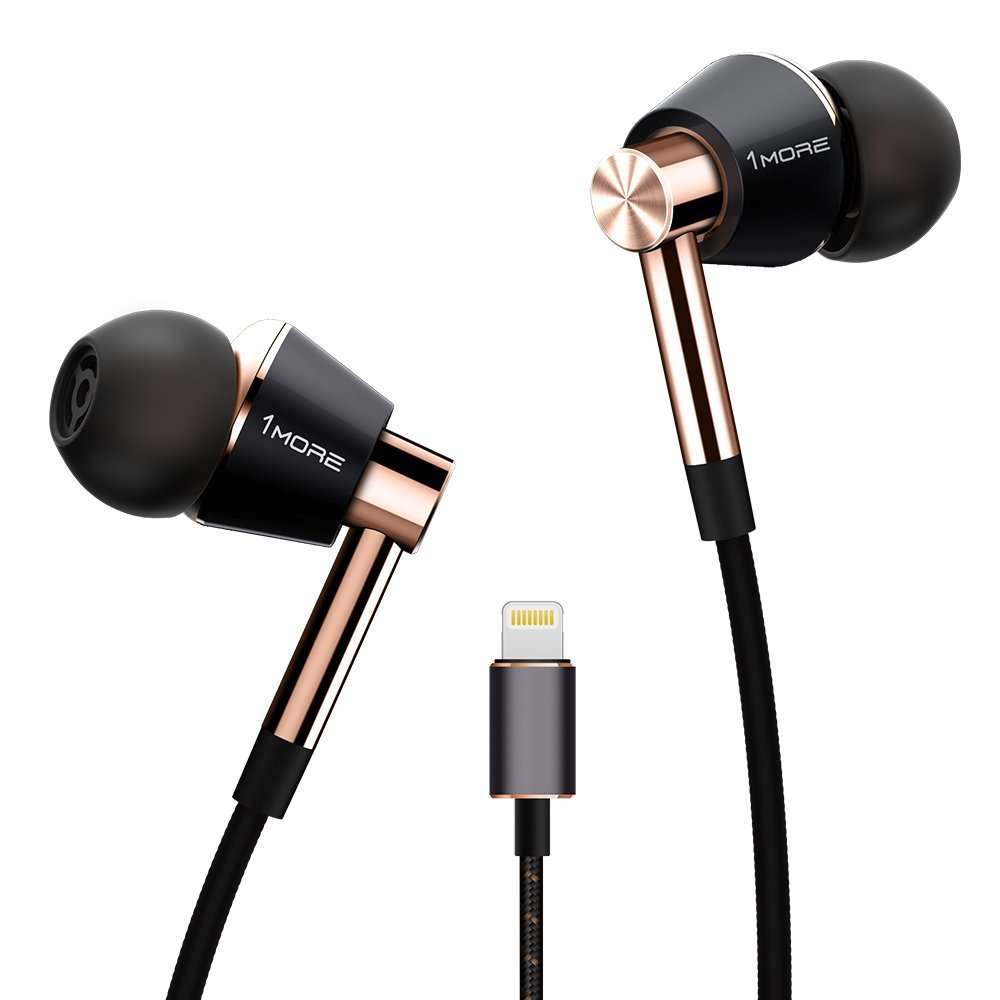 1MORE Triple-driver Headphones In-Ear Hi-Res Audio Earphones with Microphone and Remote Control Lightning Connector for iPhone7 iPhone 8 iPhone X, iPad & iPod - E1001L Gold