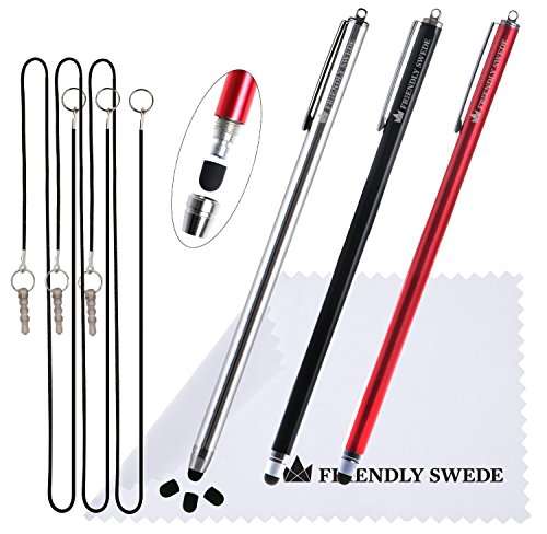 The Friendly Swede Extra Long Stylus Pen for Touchscreen — Set of 3 Thin-Tip High Precision Capacitive 7.3" Stylus Pens; Incl. Elastic Lanyards, 3 Replaceable Tips & Cleaning Cloth - Red/Black/Silver