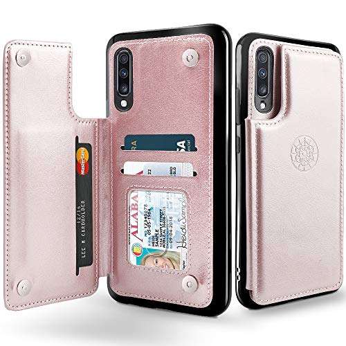 Shields Up for Samsung Galaxy A70 Case Wallet with Card Holder/Slots, Premium PU Leather Kickstand Wallet Case, Double Magnetic Clasp Protective Flip Cover for Samsung Galaxy A70 - Rose Gold