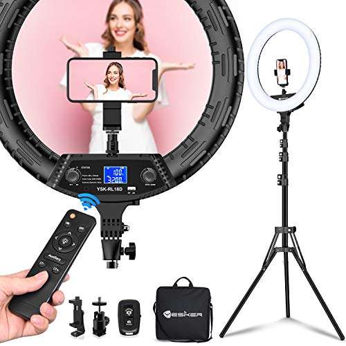 Yesker Ring Light 18" Wireless Remote LCD Screen with Tripod Stand 65W LED Ringlight Bi-Color 3200-5500K CRI≥95 for Portrait Live Stream Photography Tiktok Video Zoom Meeting Online Teaching