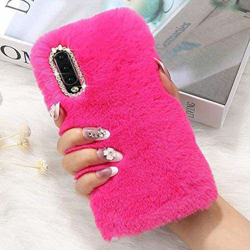 LCHULLE for Samsung Galaxy A70 Plush Case Faux Rabbit Fur Furry Cute Case Winter Warm Soft Lovely Fluffy Cover Shockproof Bumper with Bowknot Glitter Bling Diamond for Samsung Galaxy A70, Rose red