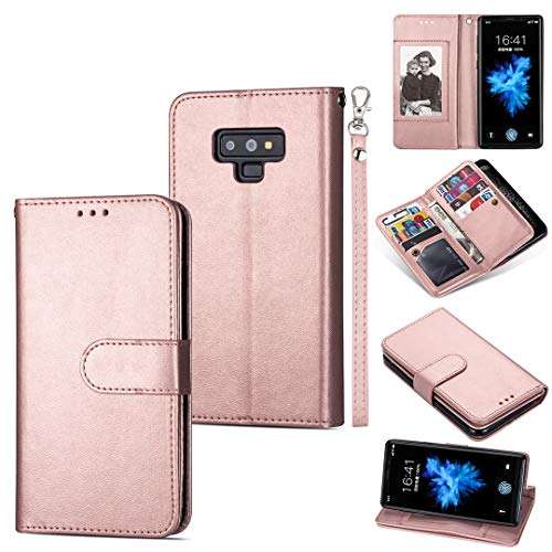DEFBSC Samsung Galaxy Note 9 Wallet Case,Magnetic Premium Leather Folio Flip Case with 9 Card Slots/Holder Kickstand and Wrist Strap for Samsung Note 9-Rose Gold