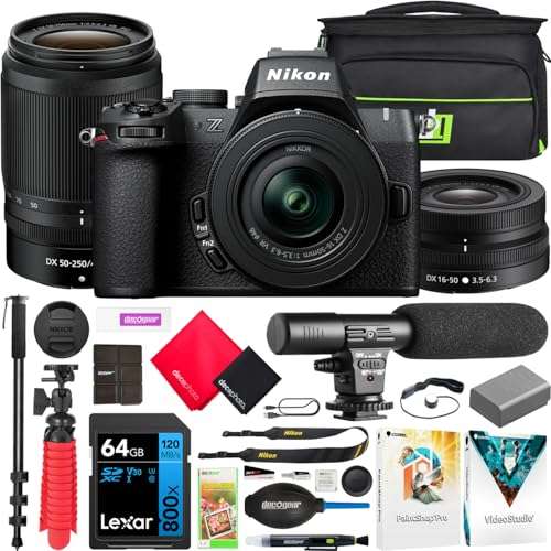 Nikon Z50 Mirrorless Camera Body 4K UHD DX-Format NIKKOR Z DX 16-50mm F/3.5-6.3 VR Lens Bundle with Deco Gear Deluxe Gadget Bag Case + Microphone + Monopod + 64GB Memory Card & Accessories