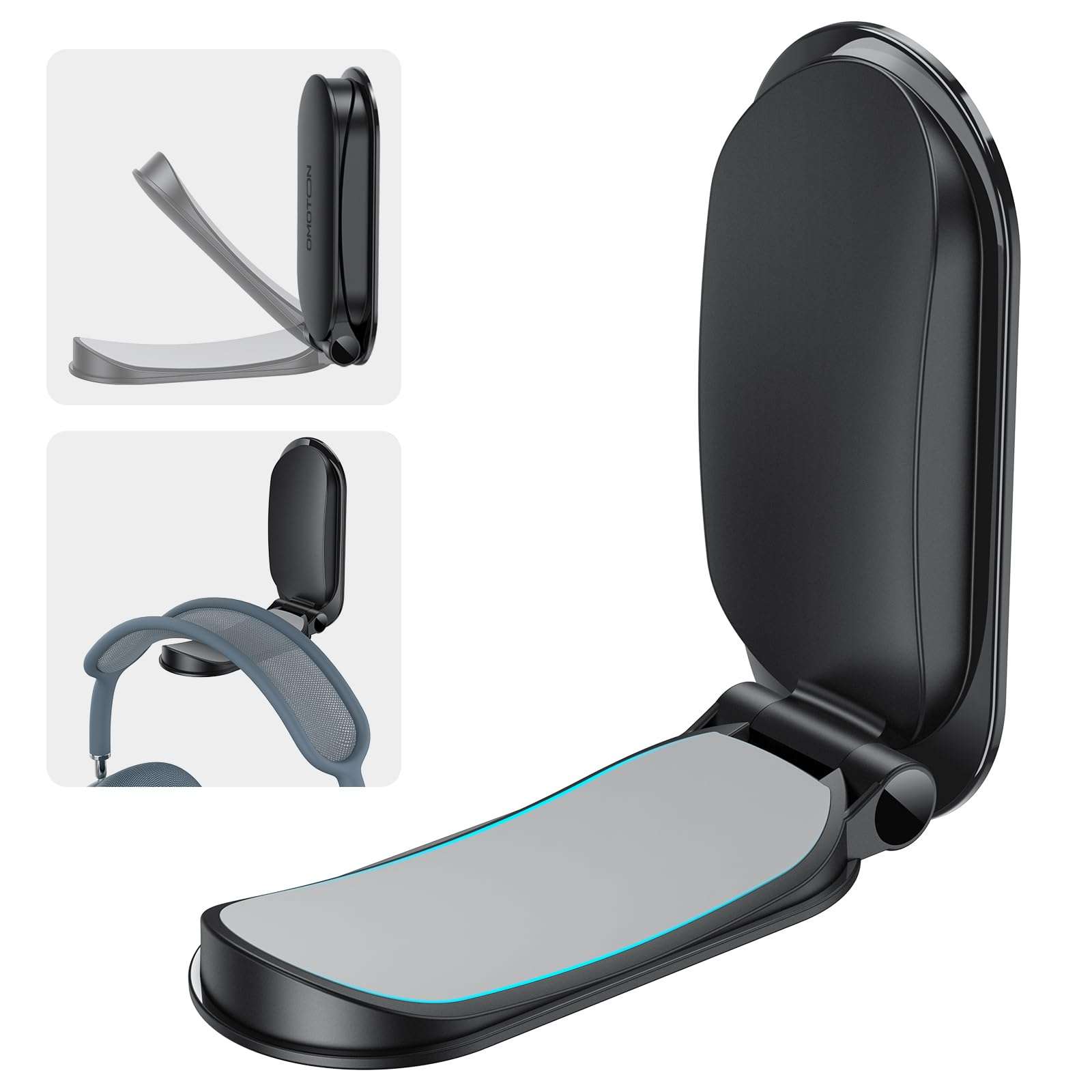 OMOTON Headphone Stand for Desk, Foldable Sticky Headset Stand Holder, Headphone Holder Hook Mount with Non-Slip Silicone, PC Gaming Accessories for Airpods Max, All Earphones- Black