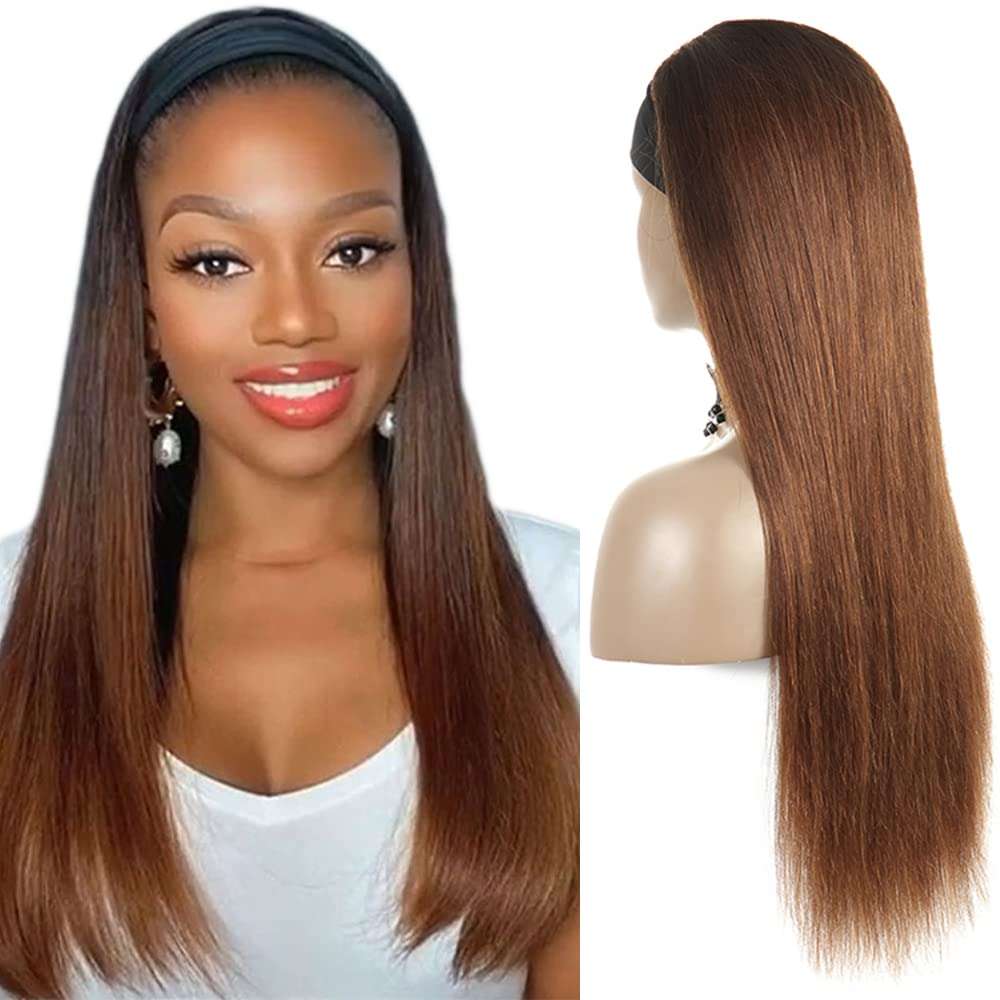 1B30 Straight Headband Wig Human Hair Ombre Brown Headband Wig 130% Density Unprocessed Virgin Hair Wigs Dark Brown Color Straight Machine Made Wigs 20 Inch