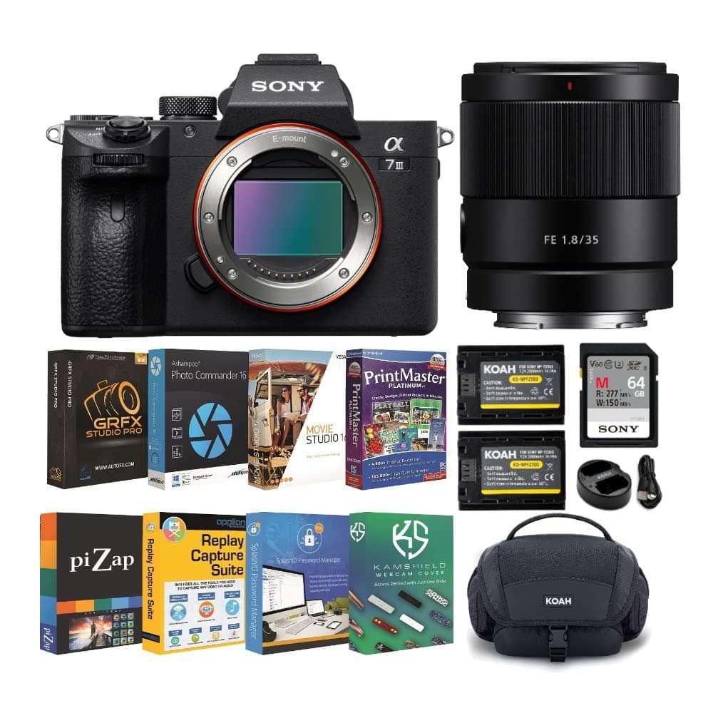 Sony Alpha a7 III Full Frame Mirrorless Digital Camera Bundle with 35mm f/1.8 Large Aperture Lens, Software Suite, 2000mAh Battery and Dual Charger, 64GB Memory Card, and Gadget Bag (6 Items)