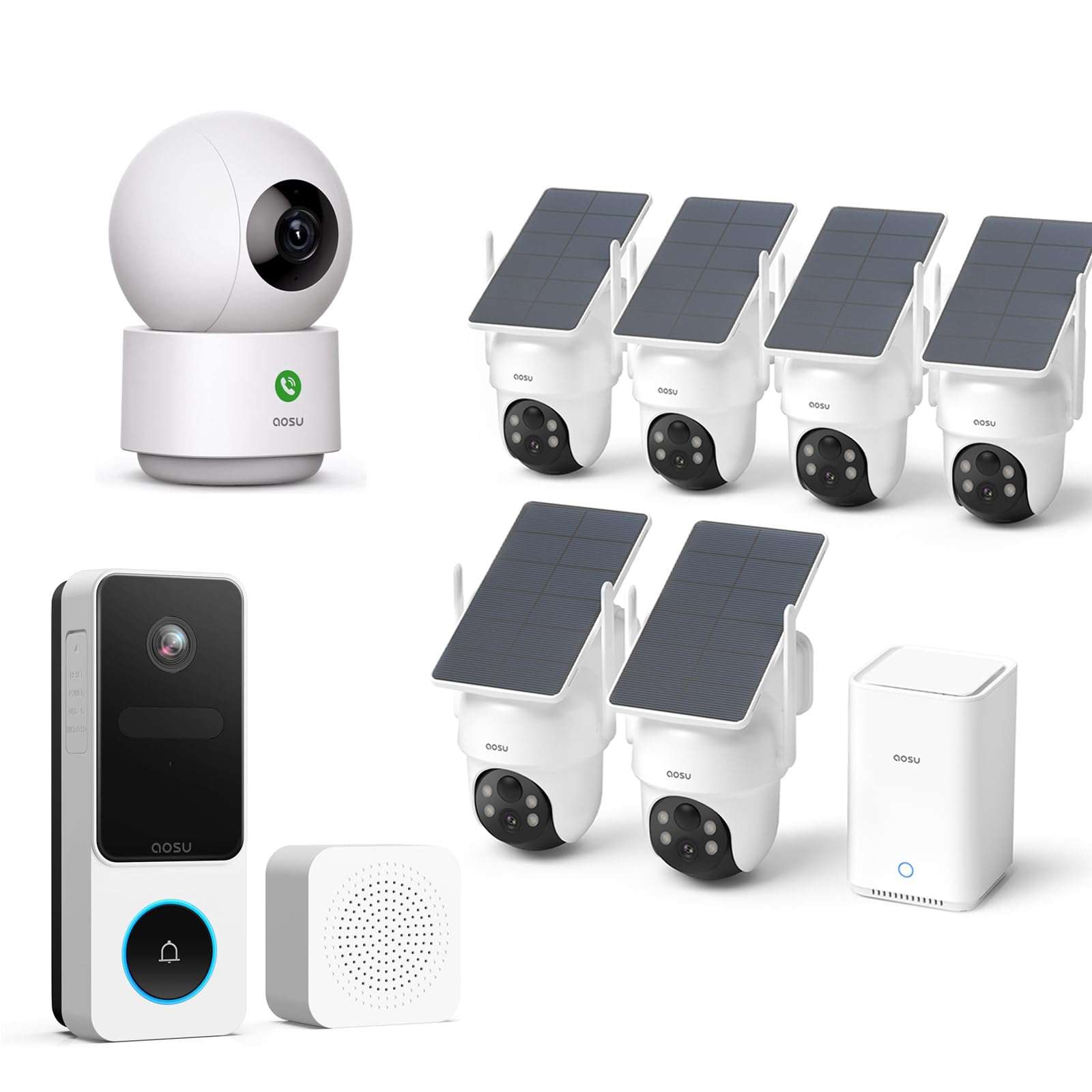aosu Whole-Home Security Bundle – 6-Cam Wireless Outdoor Kit + Smart Video Doorbell + 2K Indoor Baby/Pet Monitor, No Subscription, Local Storage, Compatible with Alexa & Google Assistant