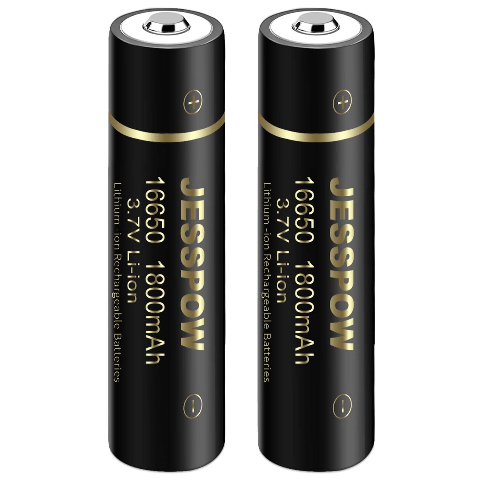 JESSPOW 16650 Rechargeable Battery, 16650 Battery 1800mAh 3.7V Li-ion Rechargeable Battery with Button Top for Flashlights Torches - 2 Pack