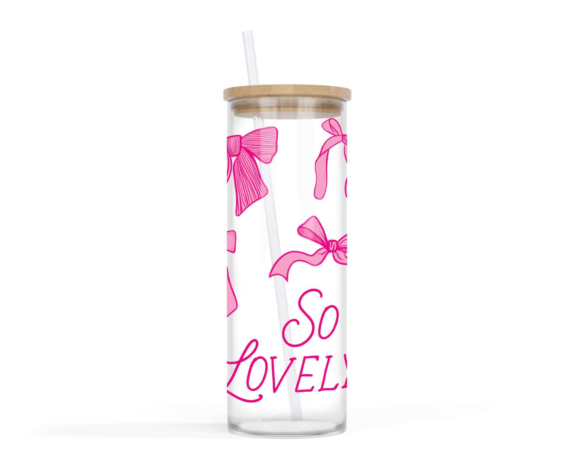 Clairmont & Co Cold Brew Travel Tumbler, Cup With Lid and Straw, 24 Ounce Wood and Glass, So Lovely Pink Bows