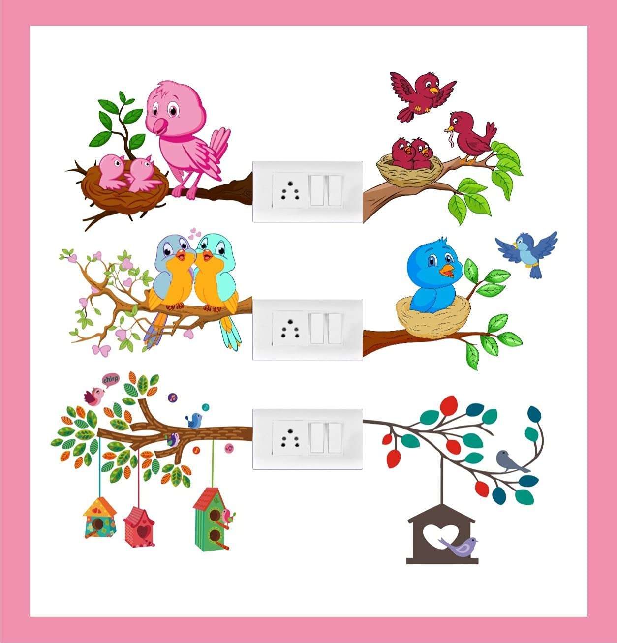 Heaven Decors Cute Birds On Tree Branch Switch Board Wall Sticker (Standard Size),Multicolour