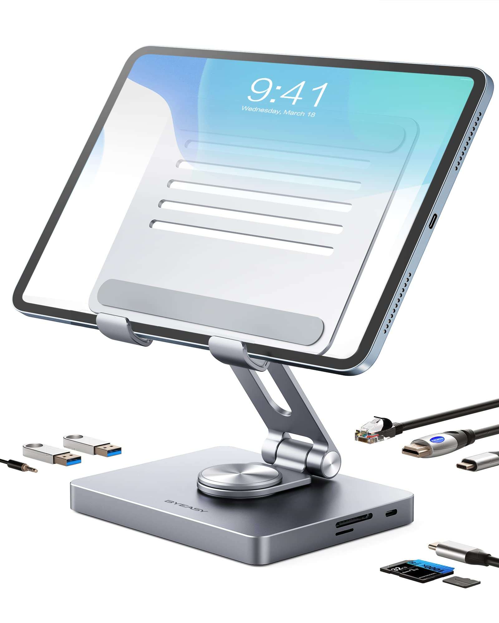 BYEASY iPad Stand, Laptop Docking Station, 8 in 1 iPad USB C Hub, Type-C Tablet Stand with HDMI, 3.5mm Jack, LAN, 100W PD Charging, 2*USB 3.0, SD/TF Card Reader, for iPad Pro, MacBook Pro.