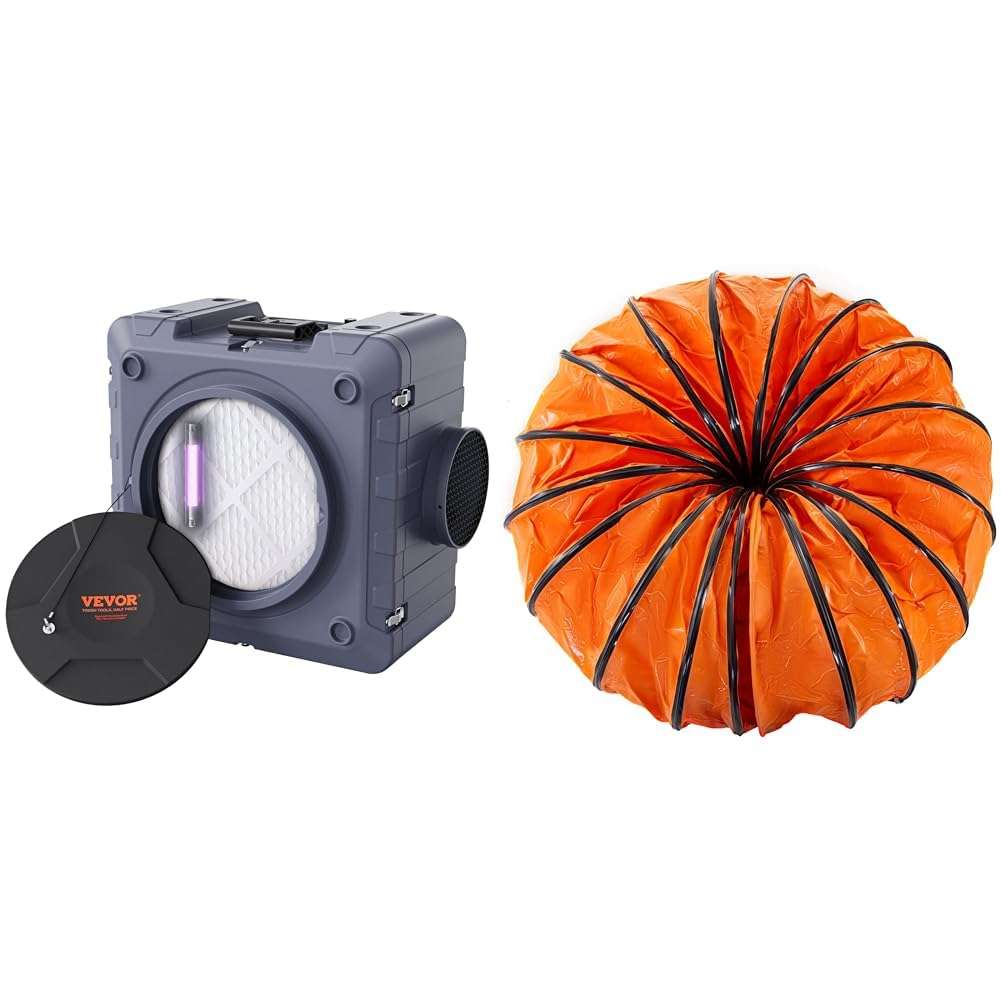 VEVOR Air Scrubber with 3-Stage Filtration, Stackable Negative Air Machine 800 CFM & Mophorn 25ft PVC Flexible Ducting, 8 Inch Hose, Orange