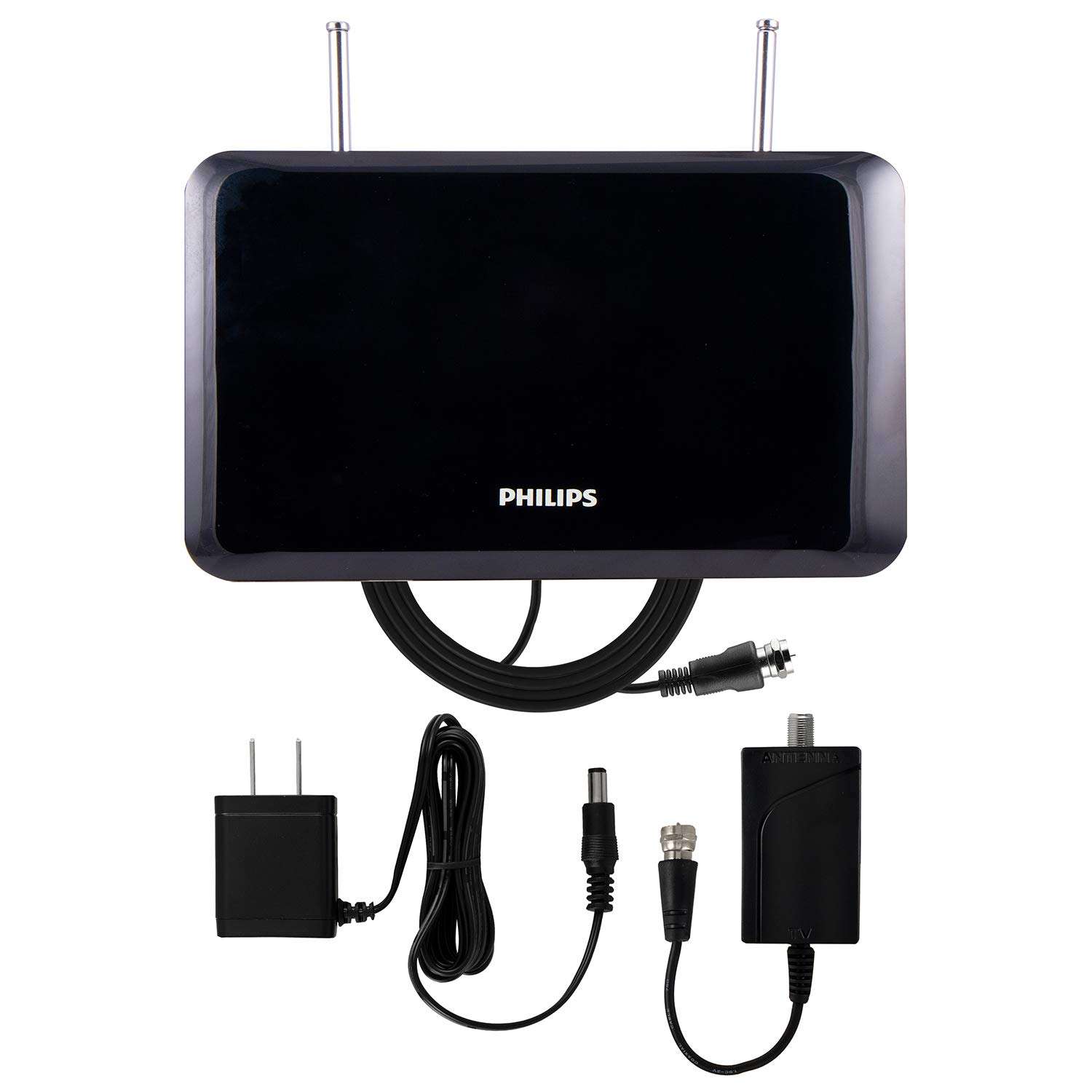 Philips Black Indoor TV Antenna, Perfect Home Decor Long Range Antenna, Digital, HDTV Antenna, Smart TV Compatible, 4K 1080P VHF UHF, 6Ft Coaxial Cable, Amplifier, Signal Booster, Dipoles, SDV8311B/27