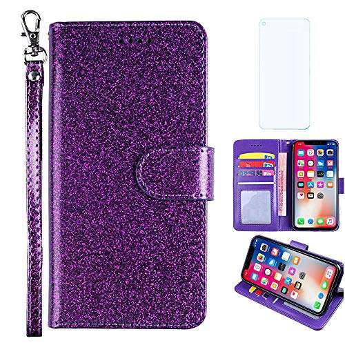 Glitter Wallet Phone Case for Moto G8 Power with Tempered Glass Screen Protector Cover and Card Holder Kickstand Motorola G8Power MotoG8Power G 8power 8 MotoG8 8th Gen 5G Bling Leather Cases Purple