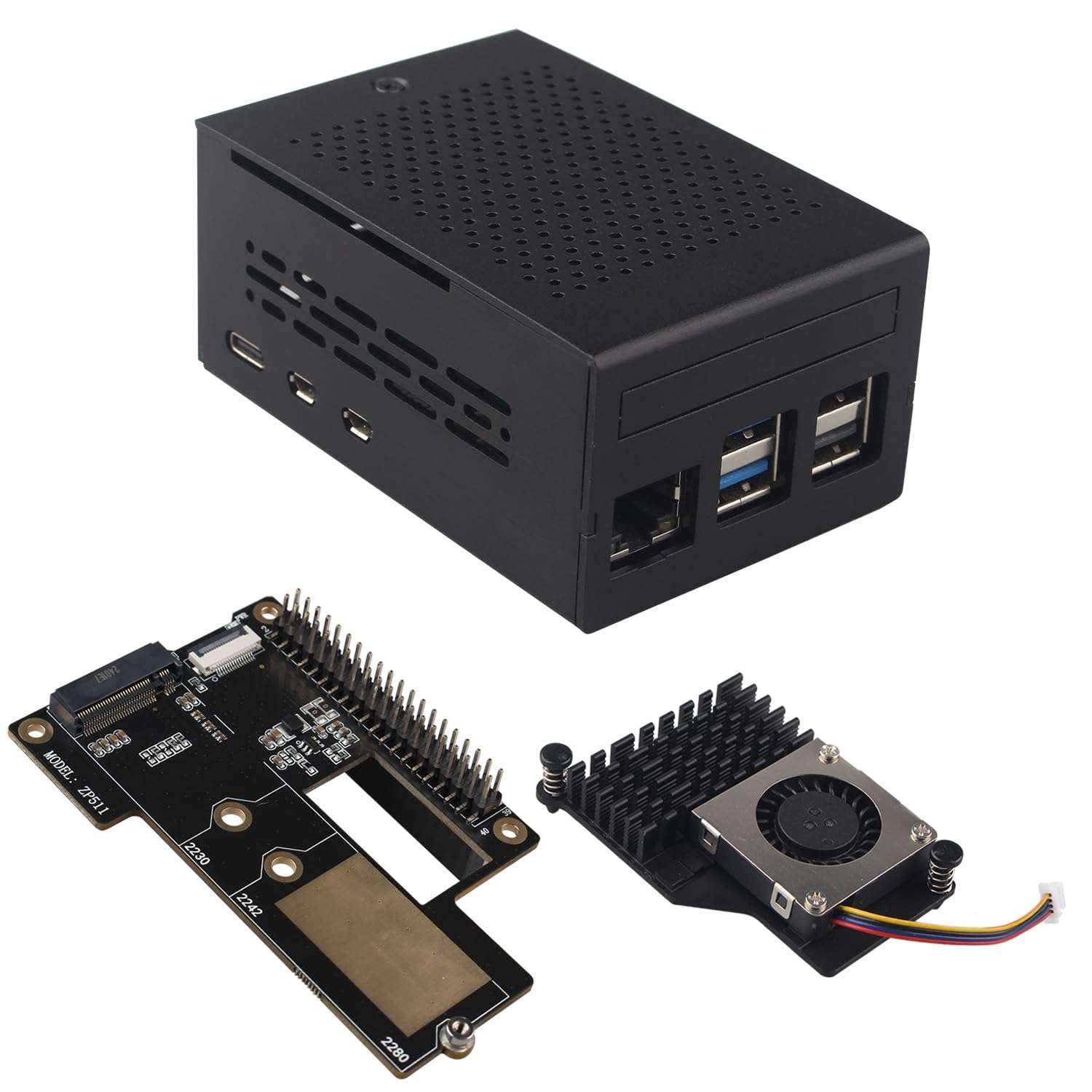 ZDE ZP511 PCIe to M.2 Key M NVMe SSD HAT with Aluminum Case ZC501 and Active Cooler ZP536 for Raspberry Pi 5 Support M.2 NVMe SSDs 2230 2242 2280