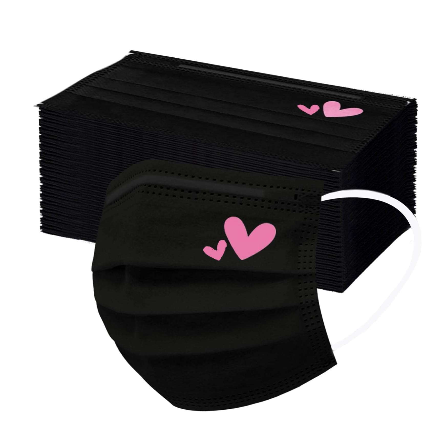 50Pcs Cute Pink Face Masks,Valentine Disposable Face Mask, Pink And Black Masks with Hearts Printed,3Ply Full Face Protection (A)