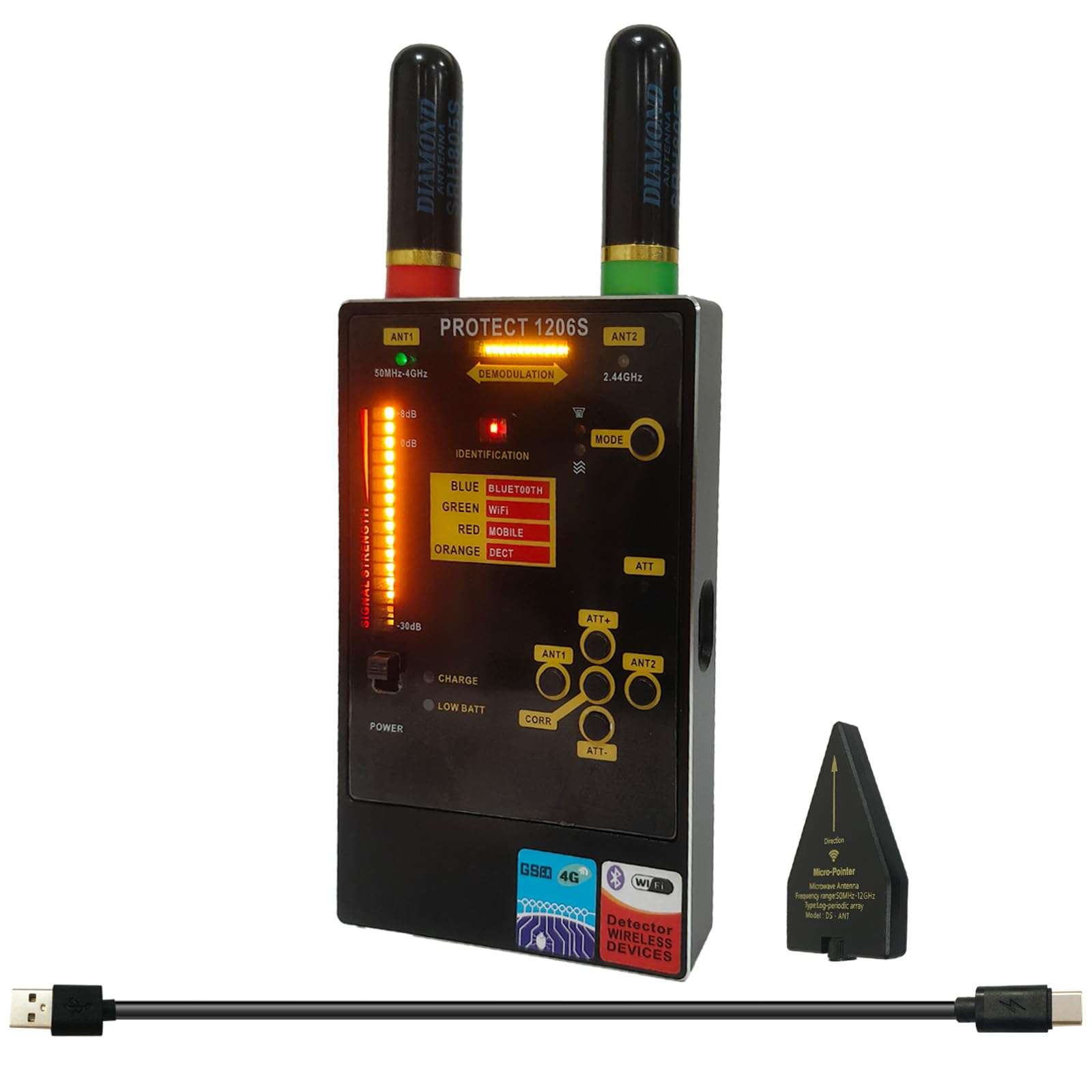 yyiikee Protect 1206S Professional RF Detector & Bug Sweeper – Detects GSM Bluetooth Wi-Fi & Hidden Cameras – Dual Antennas 50MHz-12GHz Frequency Range Anti Spy Device for Home Office Car