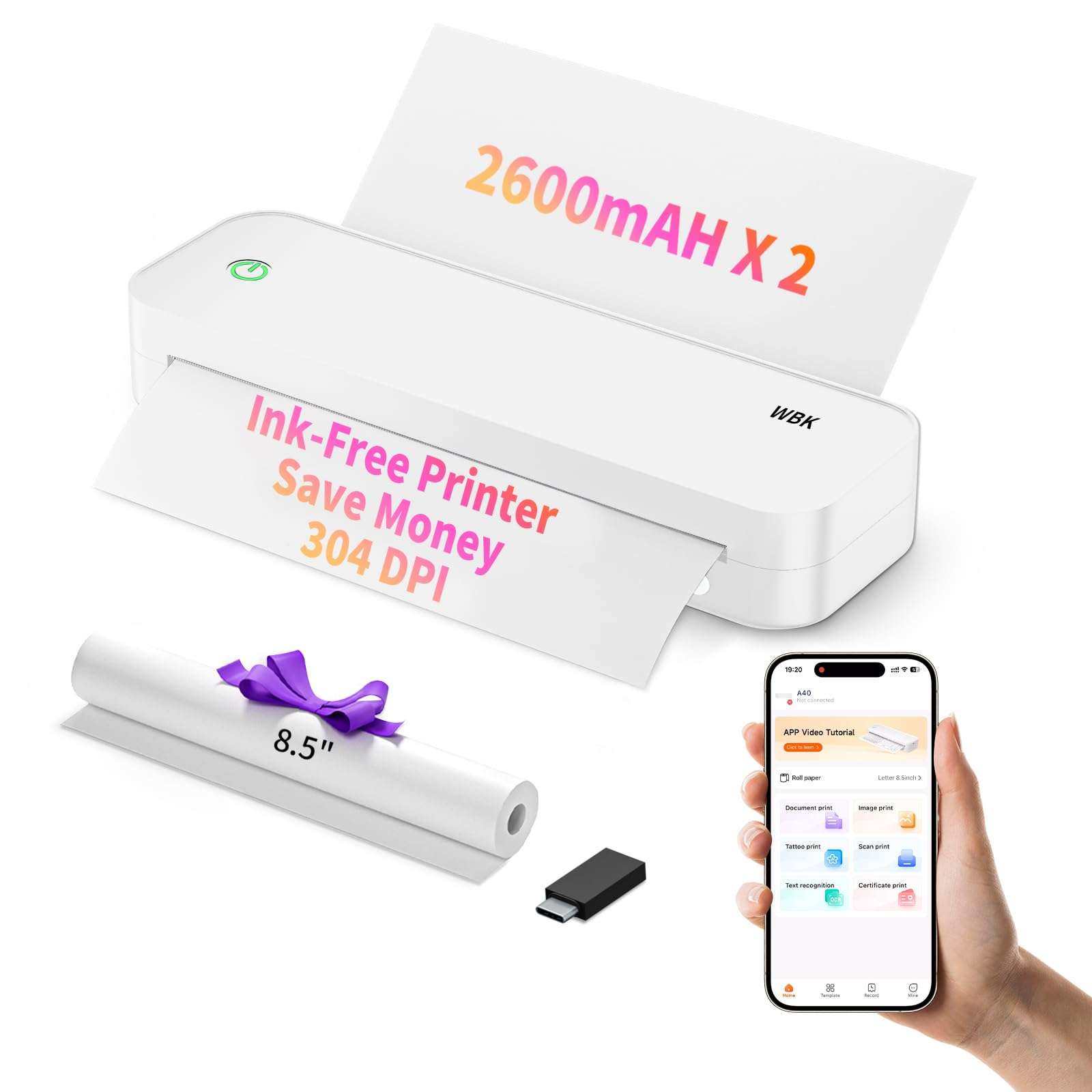 Portable Printers Wireless for Travel, 300DPI Thermal Inkless Printer Support 8.5" X 11" US Letter&Legal,A4&A5 Thermal Paper,Bluetooth Wireless Mini Printer Compatible with Android (Ivory White)