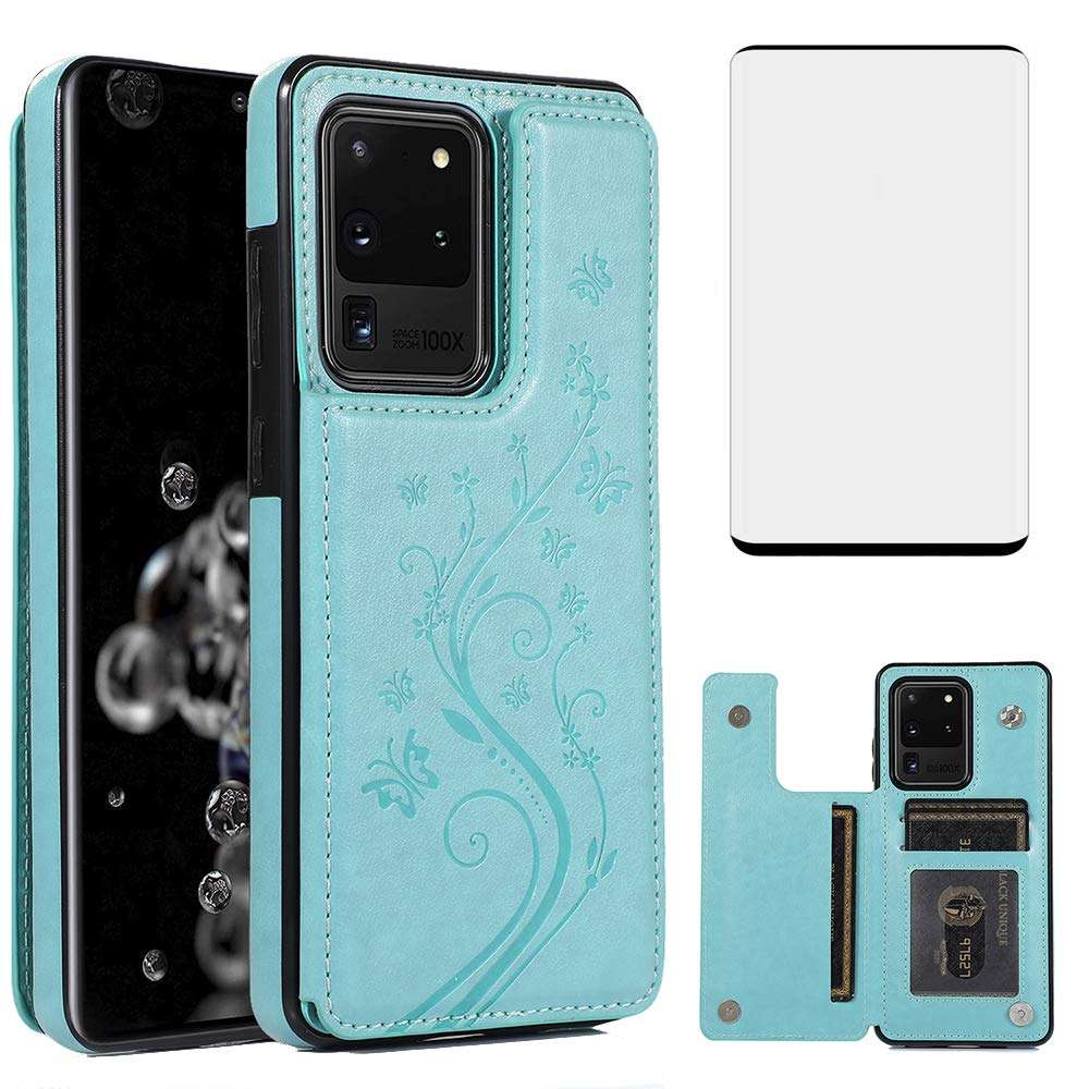 Phone Case for Samsung Galaxy S20 Ultra Glaxay S20ultra 5G with Tempered Glass Screen Protector Card Holder Wallet Cover Stand Flip Leather Cell Gaxaly 20S S 20 A20 20ultra G5 Cases Women Men Green
