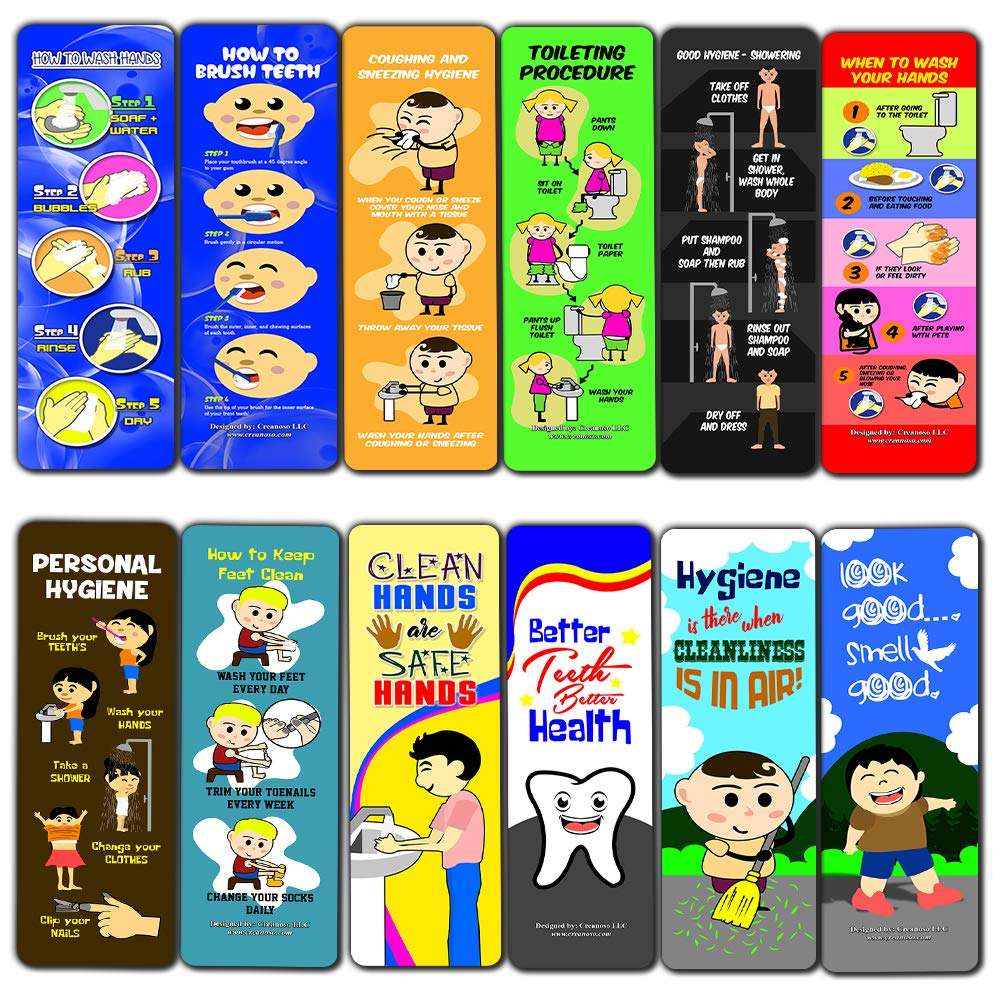 Creanoso Hygiene for Kids Bookmarks (12-Pack) - Stocking Stuffers Premium Quality Gift Ideas for Children, Teens, Adults - Corporate Giveaways & Party Favors
