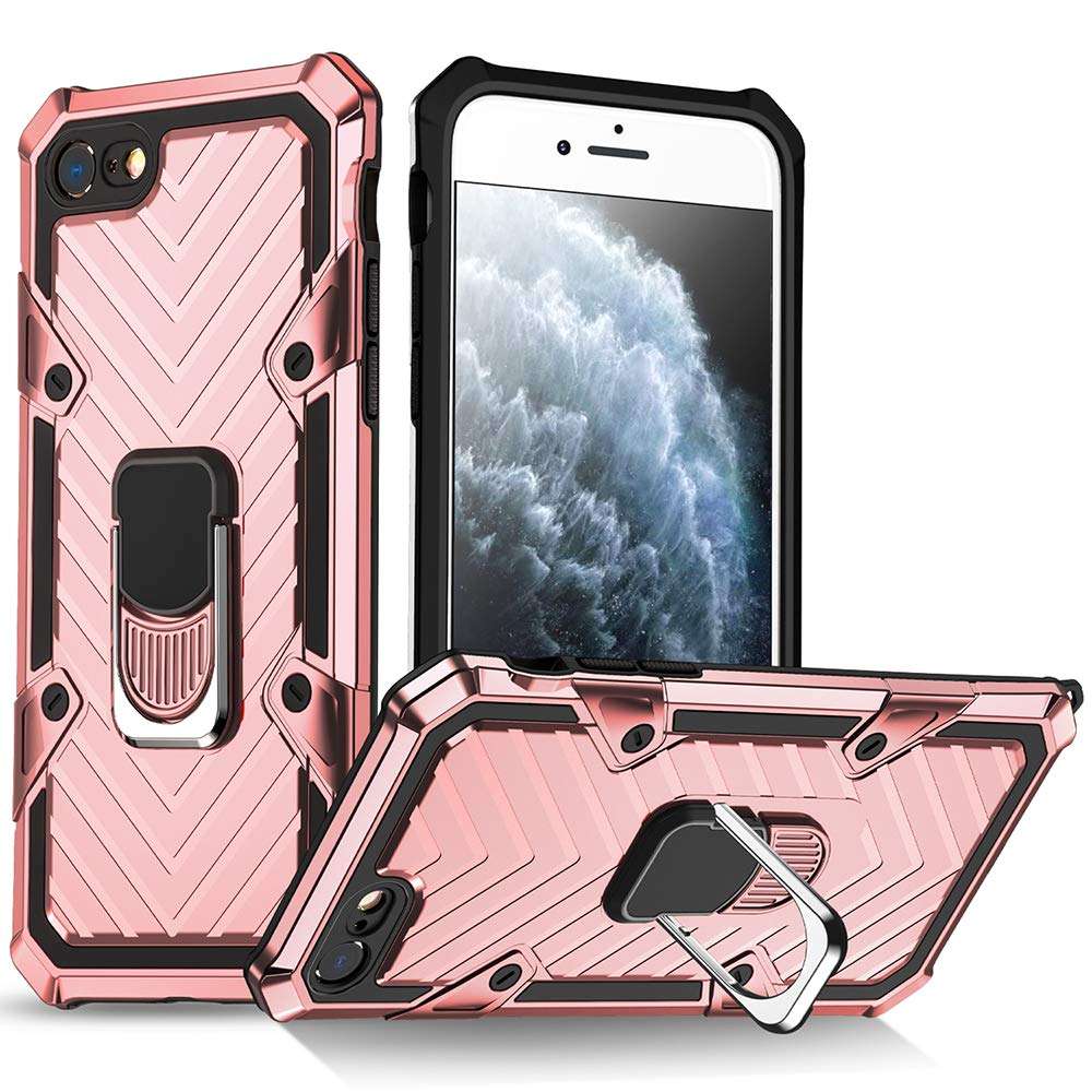 Military Grade for iPhone 8 Case iPhone 7 Case iPhone SE 2020 Metal Rotating Ring with Kickstand Holder Armor Heavy Duty Shockproof Drop Protective Cover for iPhone 8/7/SE 2020 Phone Case (Rose Gold)