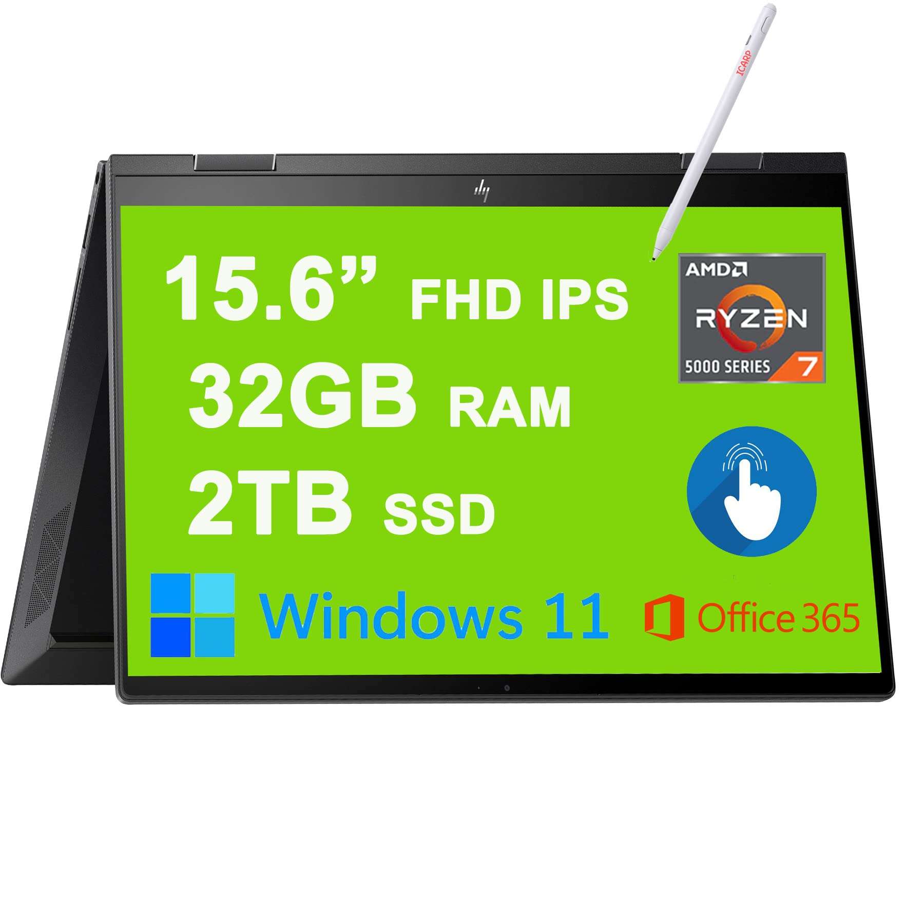 HP Envy X360 15 2-in-1 Laptop 15.6” FHD IPS Touchscreen AMD Ryzen 5000 Series Octa-Core Ryzen 7 5825U 32GB RAM 2TB SSD AMD Radeon Graphic Backlit Keyboard USB-C HDMI Office365 Win11 Black + Pen
